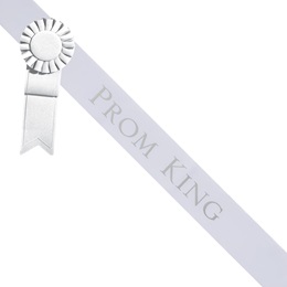 Prom King White Sash - Silver Script & Rosette